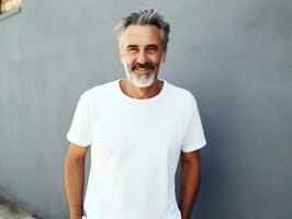 Healthy senior man wearing blank empty white t-shirt mockup for design template, AI Generated photo