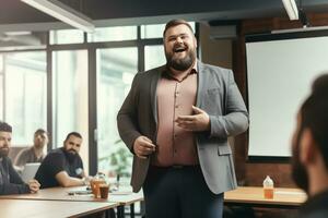 Plus size manager businessman talking and presenting in meeting room office, AI Generated photo