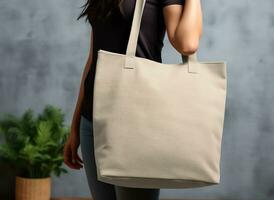 Woman holding blank empty canvas bag for shopping, eco friendly concept,AI Generated photo