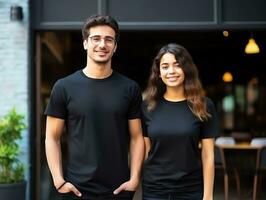 A couple boyfriend and girlfriend wearing blank black matching t-shirts mockup for design template, AI Generated photo