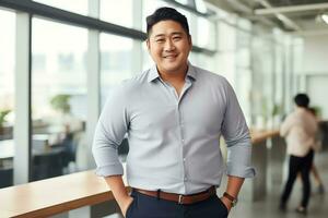 Plus size manager asian businessman CEO confident and standing front of modern office,AI Generated photo