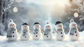 Group of cute snowmen in a cap and scarf in winter snow scene background, celebration concept,AI Generated photo