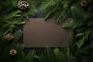 Flat lay of blank card paper on Christmas tree branches on wooden table,AI Generated photo