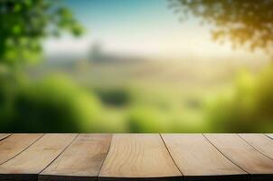 Abstract empty wooden desk tabletop with copy space over spring and summer blurred background, display for product montage, AI Generated photo