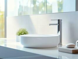 Modern white clean wash basin and faucet with morning sunlight in bathroom photo