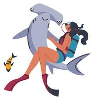 Scuba diver and hummerhead shark underwater vector