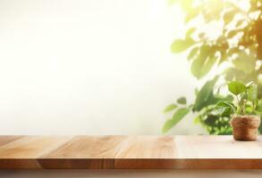 Abstract blank wooden tabletop over blurred green plant in garden background with morning sunlight, AI Generated photo