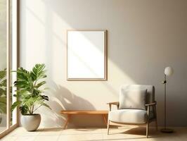 contemporáneo acogedor vivo habitación casa con blanco foto marco para decorativo, ai generado