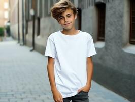 Cute boy wearing blank empty white t-shirt mockup for design template,AI Generated photo