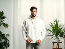 Attractive caucasian man wearing blank empty white hoodie mockup for design template,AI Generated photo