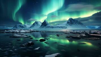 Landscape of beautiful aurora borealis over snowy mountain background, AI Generated photo