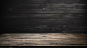 Blank wooden tabletop on black board wall background, mockup and display for product, banner style,AI Generated photo