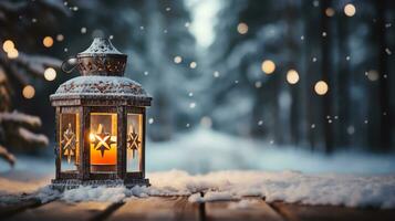 Navidad linterna ligero en nieve antecedentes con abeto rama en noche escena, ai generado foto