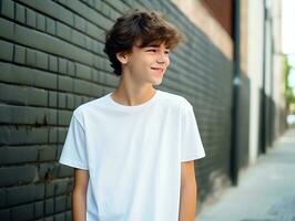linda adolescente chico vistiendo blanco vacío blanco camiseta Bosquejo para diseño plantilla, ai generado foto