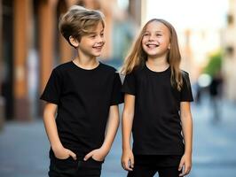 Cute sibling or friend, boy and girl wearing blank empty black tshirt mockup for design template,AI Generated photo