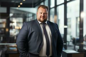 plus size manager businessman CEO confident and standing front of modern office,AI Generated photo
