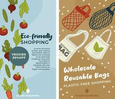 eco simpático compras, verduras y reutilizable pantalones vector