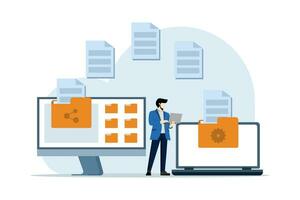 concepto de archivo transferir, datos respaldo, documento almacenamiento, nube tecnología, subir y descargar, negocio caracteres transferir archivos Entre dispositivos, plano vector ilustración en antecedentes.