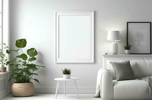 Blank white frame mock up for interior scandinavian room minimal style, living room decoration, AI Generated photo