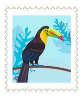 Postmark with toucan bird and tropical leaves vector