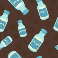 Milk in bottle, dairy products seamless pattern vector