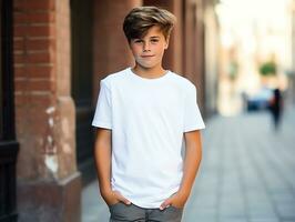 Cute boy wearing blank empty white t-shirt mockup for design template,AI Generated photo