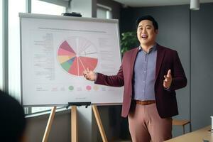 Plus size manager asian businessman talking and presenting in meeting room, AI Generated photo