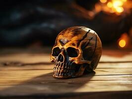 Halloween decorative on wooden table top with blurred night scene background, AI Generated photo