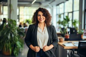 Plus size manager businesswoman CEO confident and standing front of modern office,AI Generated photo