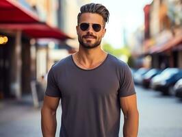 un hombre con Gafas de sol vistiendo blanco vacío gris camiseta Bosquejo para diseño plantilla, ai generado foto