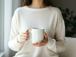 Woman in sweater holding blank empty white mug mockup for design template,AI Generated photo