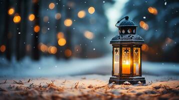 Navidad linterna ligero en nieve antecedentes con abeto rama en noche escena, ai generado foto
