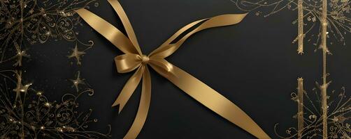 an elegant Christmas greetings banner with golden swirl ribbons gracefully winding around shining stars on a rich black background photo