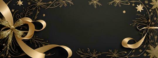 an elegant Christmas greetings banner with golden swirl ribbons gracefully winding around shining stars on a rich black background photo