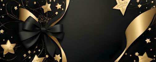 an elegant Christmas greetings banner with golden swirl ribbons gracefully winding around shining stars on a rich black background photo