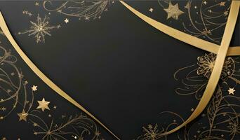 an elegant Christmas greetings banner with golden swirl ribbons gracefully winding around shining stars on a rich black background photo