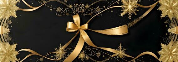 an elegant Christmas greetings banner with golden swirl ribbons gracefully winding around shining stars on a rich black background photo