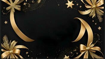 an elegant Christmas greetings banner with golden swirl ribbons gracefully winding around shining stars on a rich black background photo