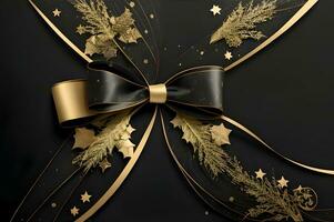 an elegant Christmas greetings banner with golden swirl ribbons gracefully winding around shining stars on a rich black background photo