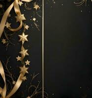 an elegant Christmas greetings banner with golden swirl ribbons gracefully winding around shining stars on a rich black background photo