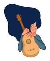 Sad or upset female character with acoustic guitar vector