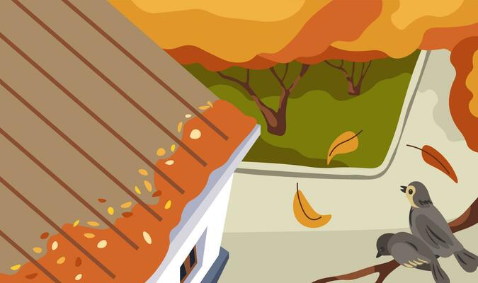 Autumn season in city or village, rooftop view