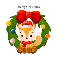 Merry Christmas with watercolor cute fox wearing Santa hat sitting front of Christmas wreath vector