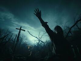 Zombie hand rising on tombstone in dark spooky night, halloween background, AI Generated photo