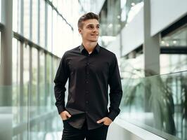 Young man wearing blank empty black shirt long sleeves mockup for design template in office,AI Generated photo