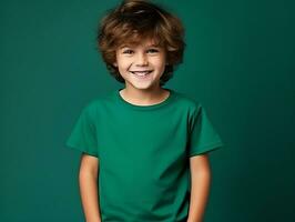 Cute boy wearing blank empty green t-shirt mockup for design template, AI Generated photo