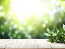 Abstract blank wooden tabletop over blurred green plant in garden background with morning sunlight, AI Generated photo