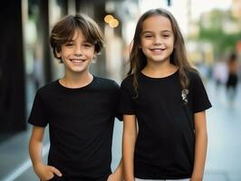 Cute sibling or friend, boy and girl wearing blank empty black tshirt mockup for design template,AI Generated photo