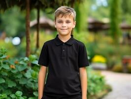 Cute boy wearing blank empty black polo t-shirt mockup for design template,AI Generated photo