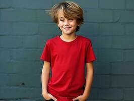 Cute boy wearing blank empty red t-shirt mockup for design template,AI Generated photo